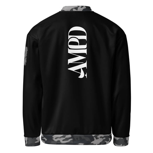 Amp'd Up Logo 2026 Bomber Jacket in Black with Camo Details and Bold Back Graphic