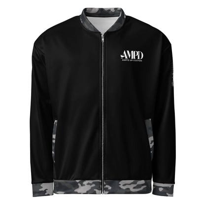 Amp'd Up Logo 2026 Bomber Jacket in black with camouflage sleeves for a stylish urban look