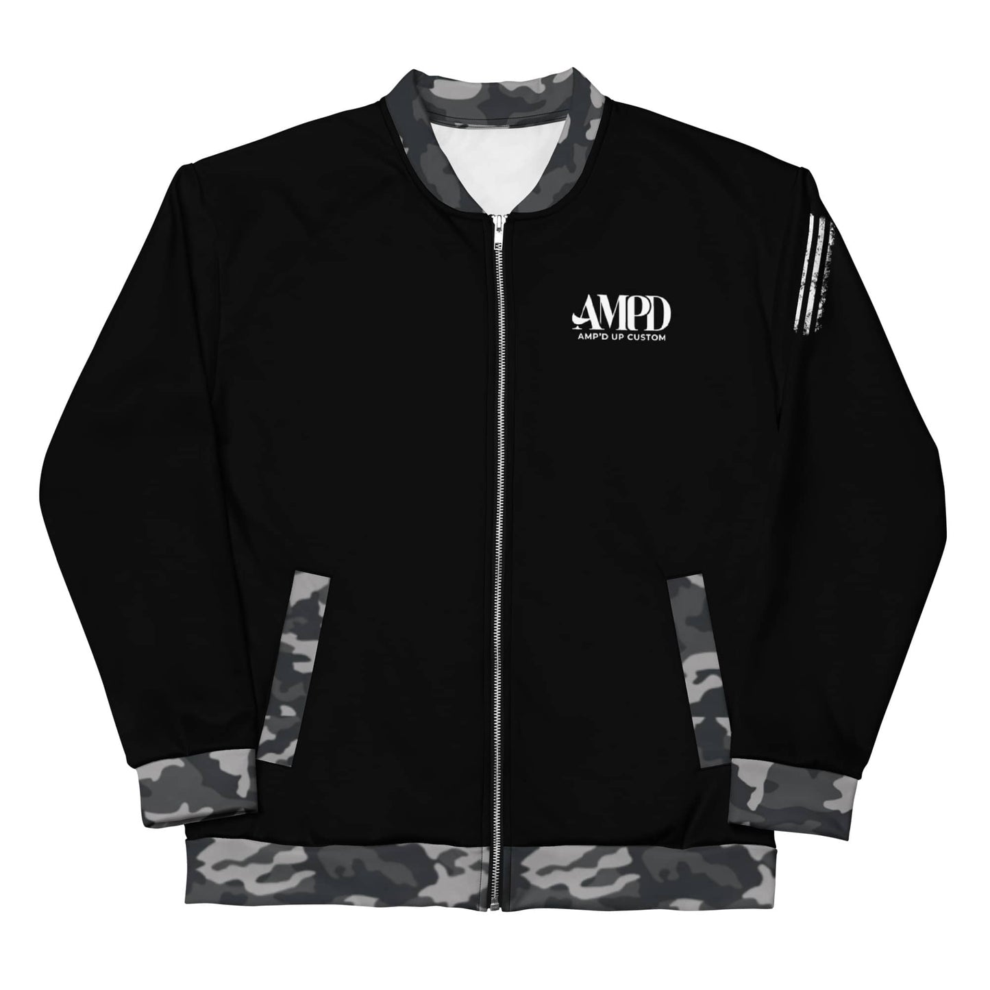 Amp'd Up Logo 2026 Bomber Jacket in Black with Camo Print Sleeves and Pockets