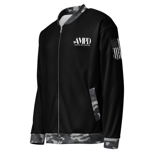 Amp'd Up Logo 2026 Bomber Jacket in black with camouflage accents and American flag patch