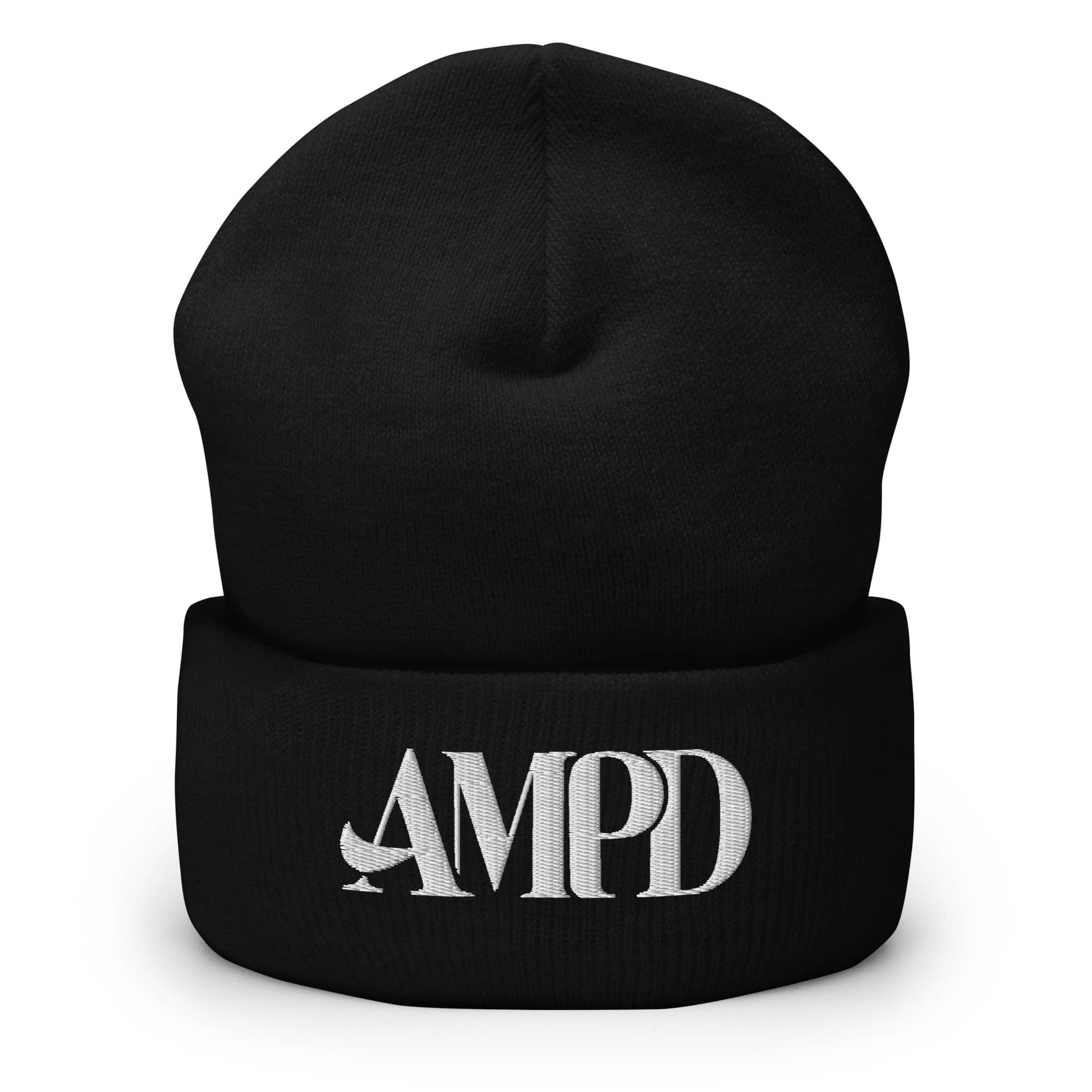 Amp'd Up Logo Cuffed Beanie in black featuring stylish white embroidery for warmth and fashion