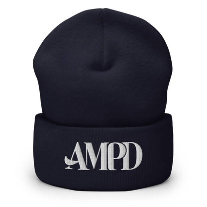 Amp'd Up Logo Cuffed Beanie in navy blue with embroidered logo for stylish comfort