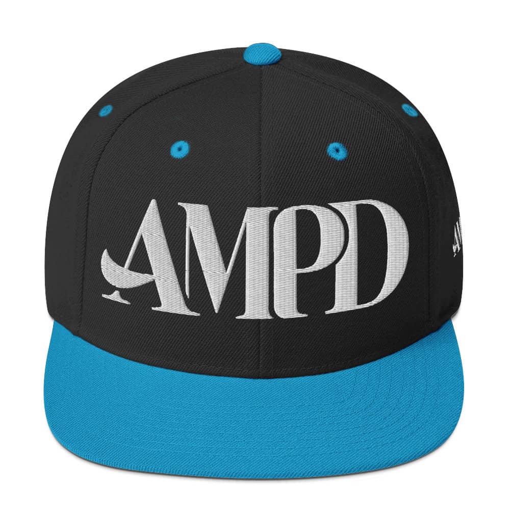 Ampd Up Logo Snapback hat in black and blue with bold lettering for a stylish look