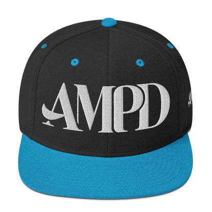 Ampd Up Logo Snapback hat in black and blue with bold lettering for a stylish look