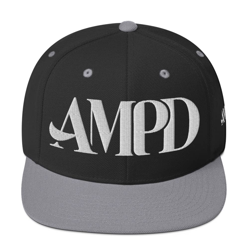 Ampd Up Logo Snapback hat in black and gray with bold AMP'D lettering on the front