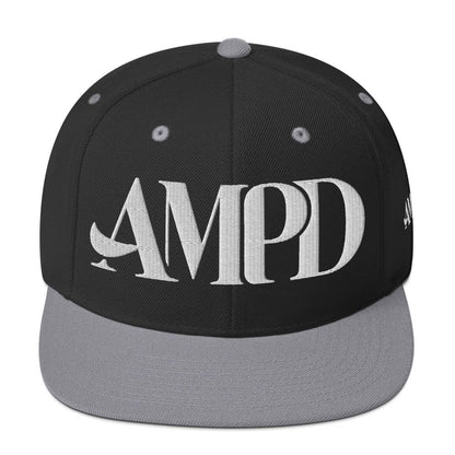 Ampd Up Logo Snapback hat in black and gray with bold AMP'D lettering on the front
