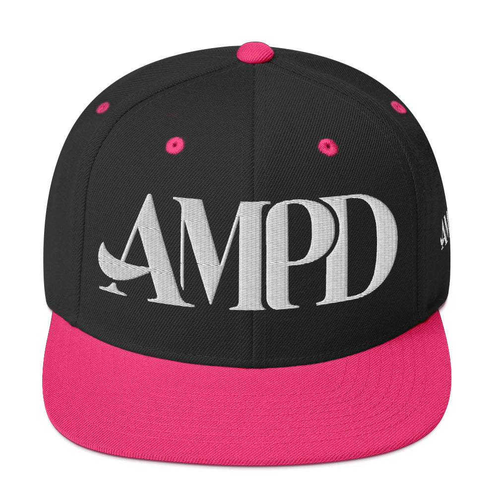 Ampd Up Logo Snapback hat in black with pink brim, featuring a large AMPD logo