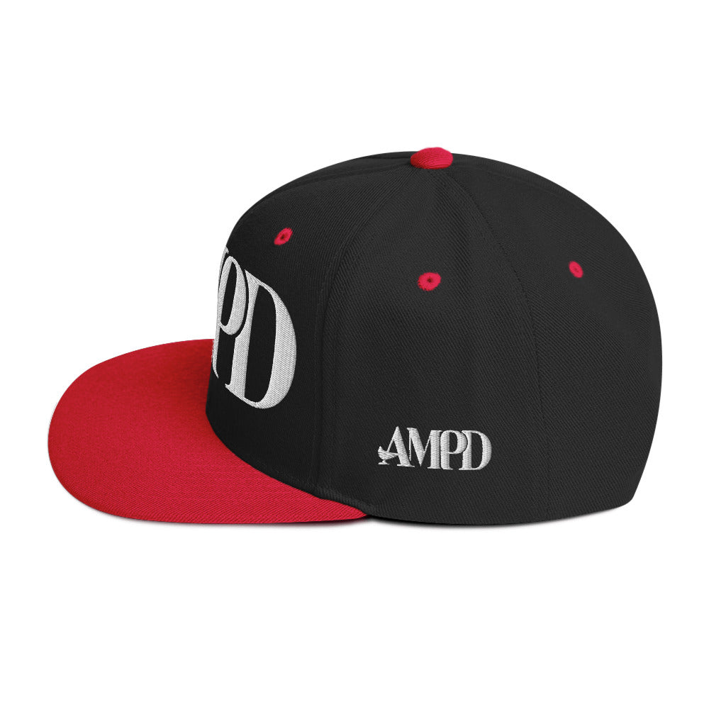 Ampd Up Logo Snapback hat in black and red featuring embroidered AMP'D branding