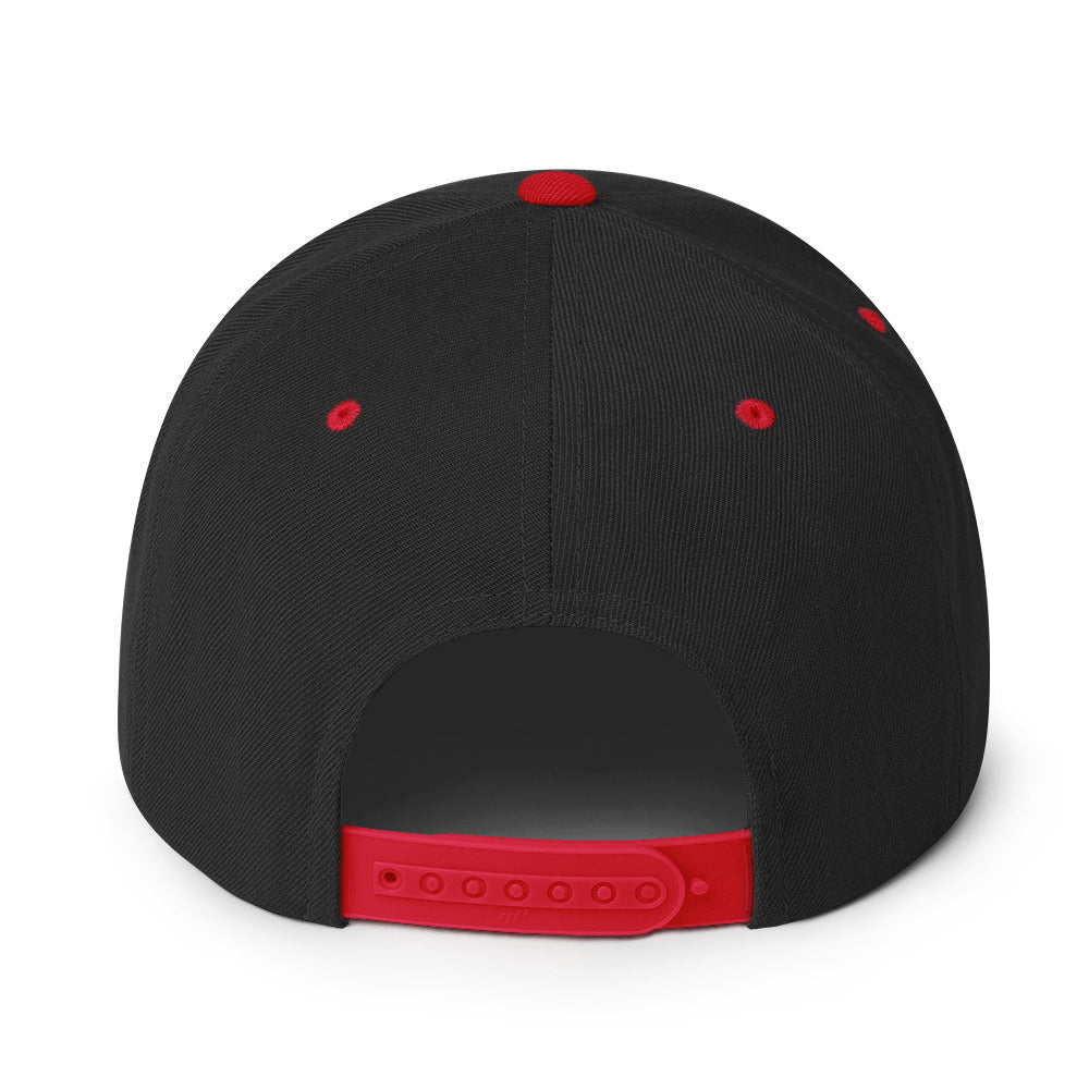 Back view of the Ampd Up Logo Snapback hat featuring a black body and vibrant red snap closure