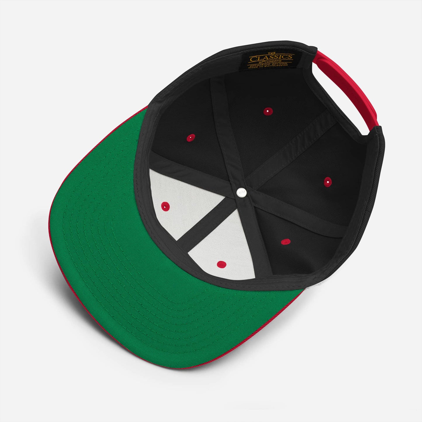 Inside view of Ampd Up Logo Snapback hat showcasing green brim and black crown design