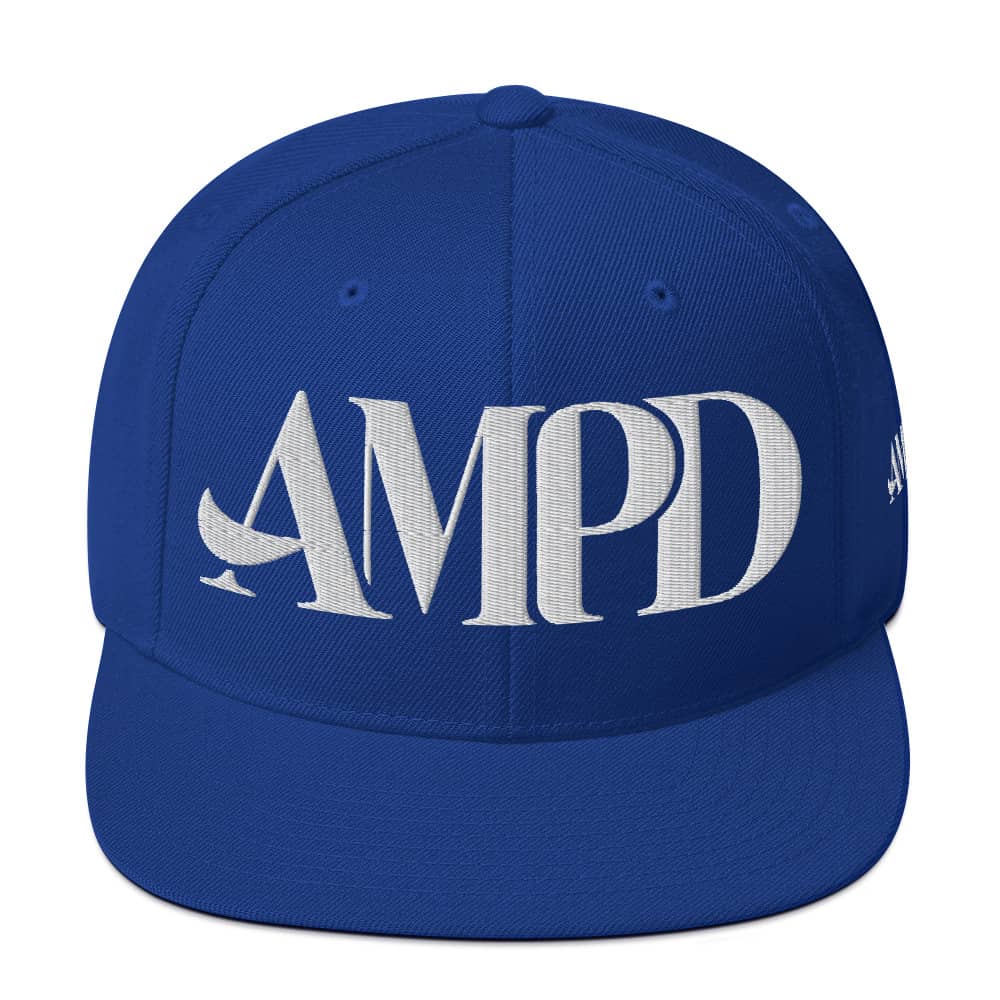 Amp'd Up Logo Snapback hat in blue featuring bold white lettering for a trendy style