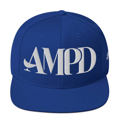 Amp'd Up Logo Snapback hat in blue featuring bold white lettering for a trendy style