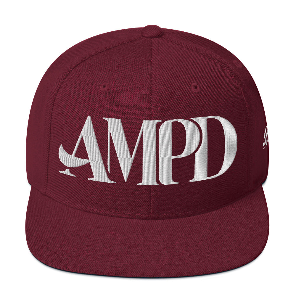 Ampd Up Logo Snapback hat in burgundy featuring bold white lettering for stylish headwear