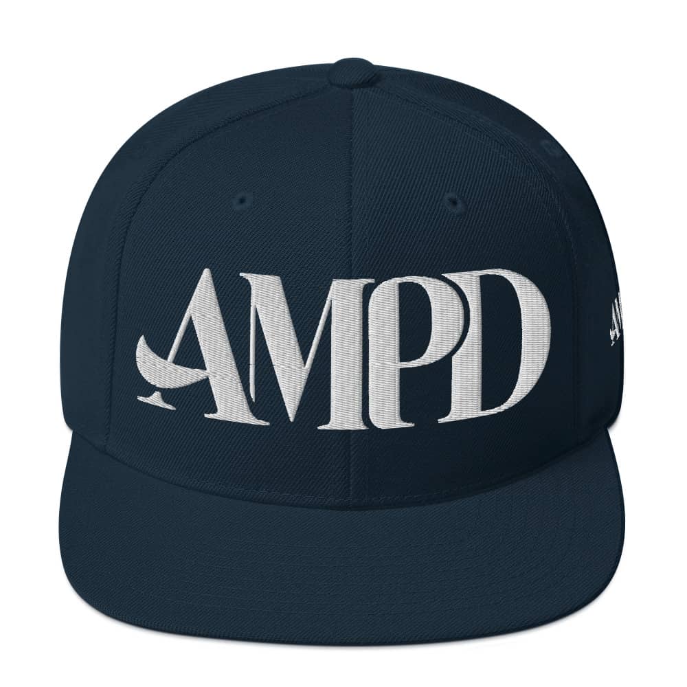 Ampd Up Logo Snapback hat in navy blue with bold embroidered design on the front
