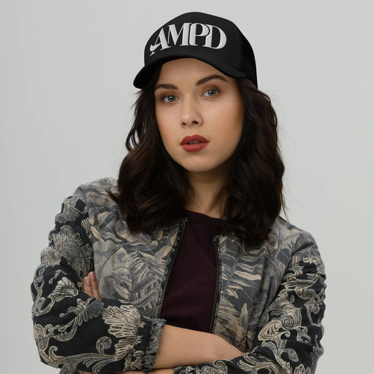 Stylish Amp'd Up Logo Trucker Cap in black, perfect for casual outings and everyday wear