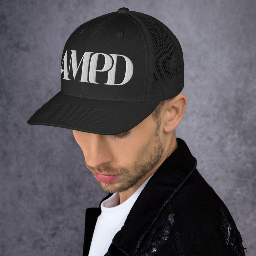 Amp'd Up Logo Trucker Cap in Black with Adjustable Snapback Closure for Stylish Comfort