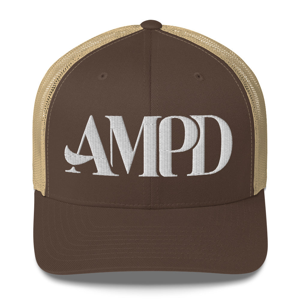 Amp'd Up Logo Trucker Cap in Brown and Tan with Stylish Mesh Back for Comfortable Wear