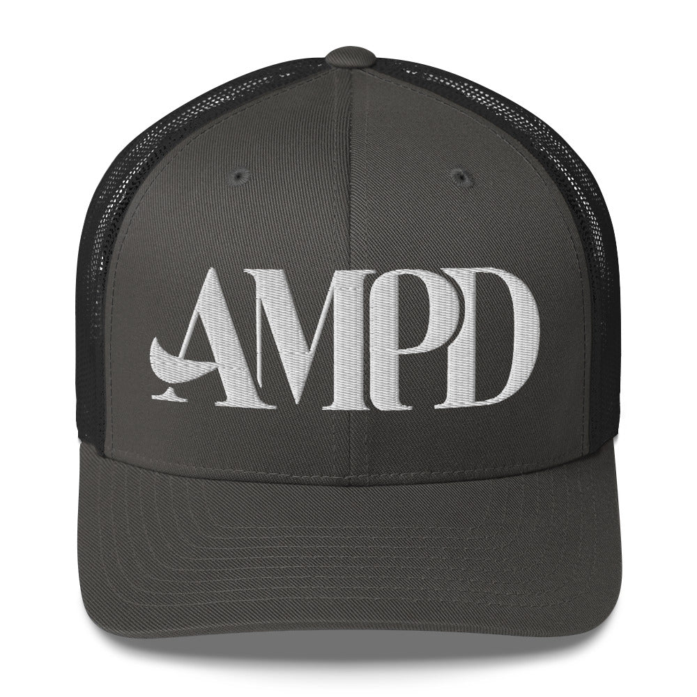 Amp'd Up Logo Trucker Cap in Gray with Mesh Back and Stylish Embroidered Design