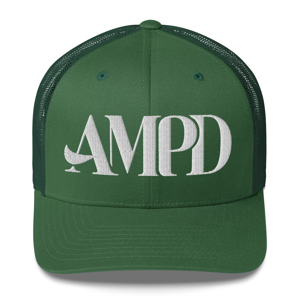 Amp'd Up Logo Trucker Cap in green with large white AMPD lettering on the front
