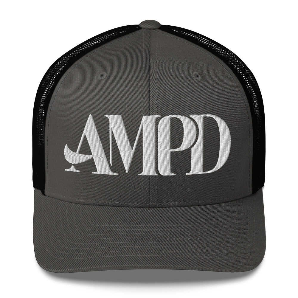 Amp'd Up Logo Trucker Cap in gray and black with a bold white logo design
