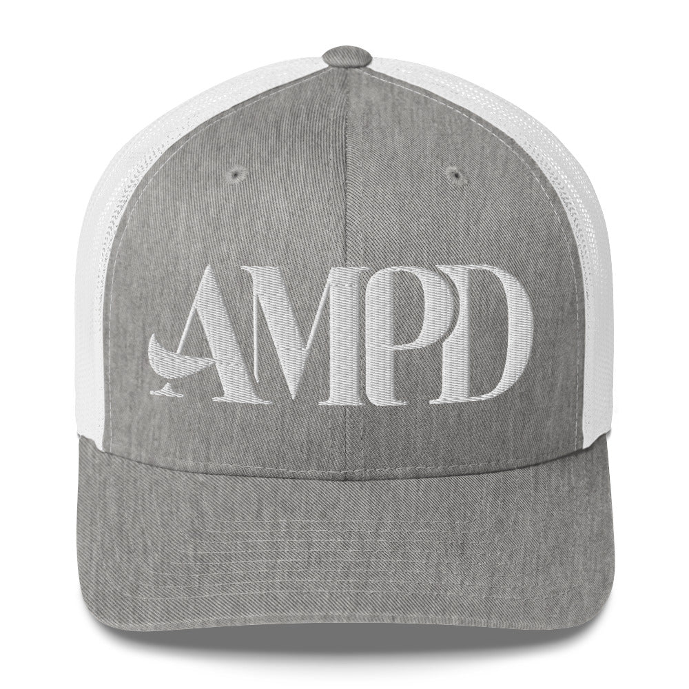 Amp'd Up Logo Trucker Cap in Gray with White Mesh Back for Stylish Casual Wear