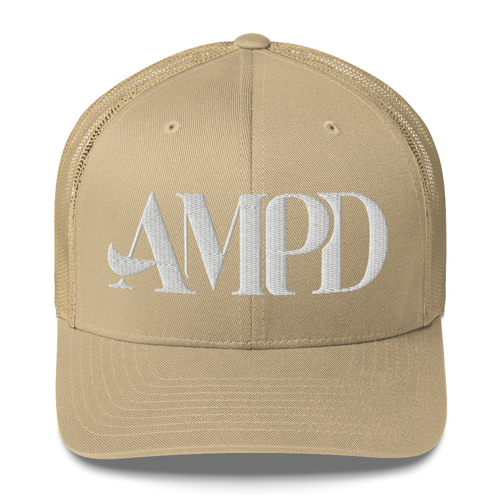 Amp'd Up Logo Trucker Cap in beige with white embroidered letters for casual style
