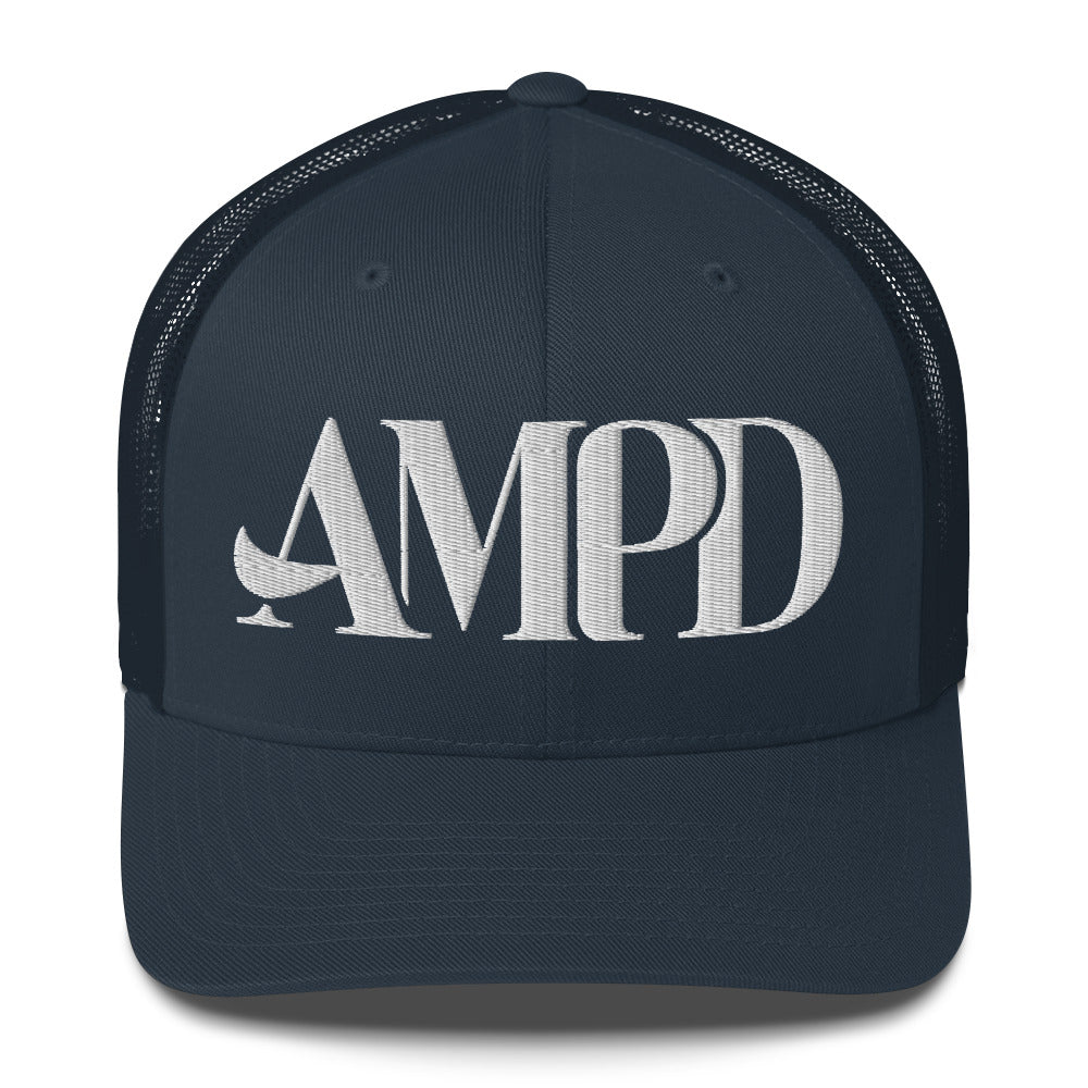 Amp'd Up Logo Trucker Cap in navy blue with a stylish embroidered logo