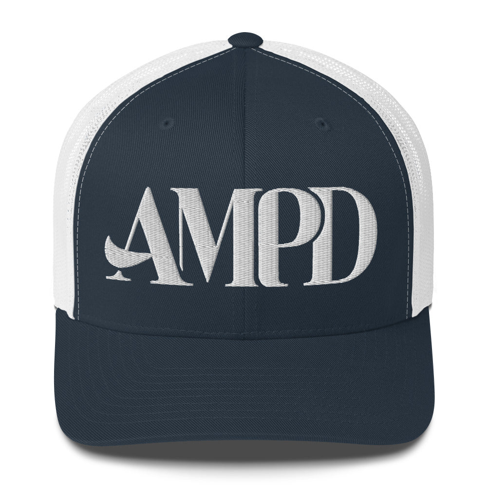 Amp'd Up Logo Trucker Cap with a navy front and white mesh back for a stylish look