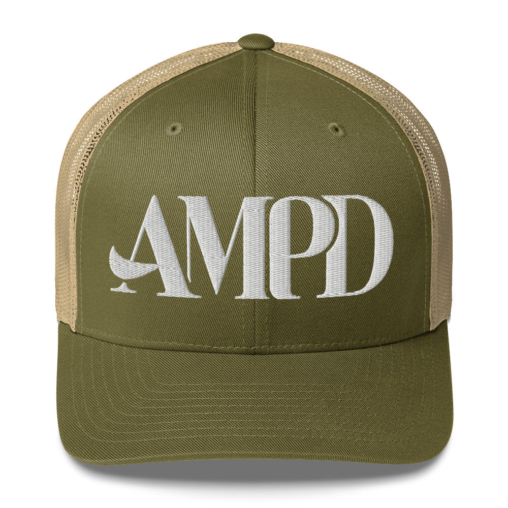 Amp'd Up Logo Trucker Cap in olive green with white embroidered logo on a classic design
