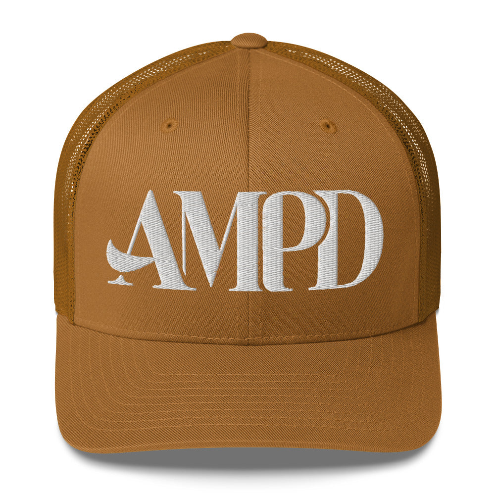Amp'd Up Logo Trucker Cap in brown with white embroidered logo on the front