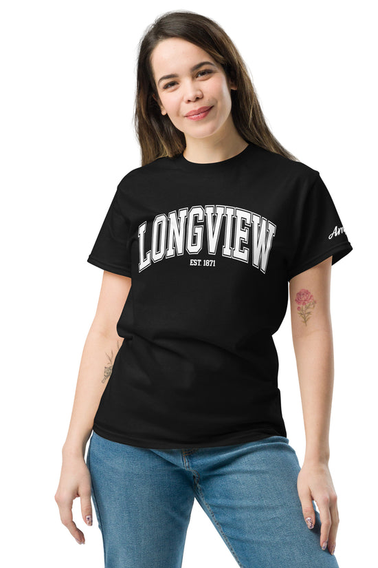 Black Amp'd Up Custom Longview Texas T-Shirt worn by woman with white Longview text and blue jeans