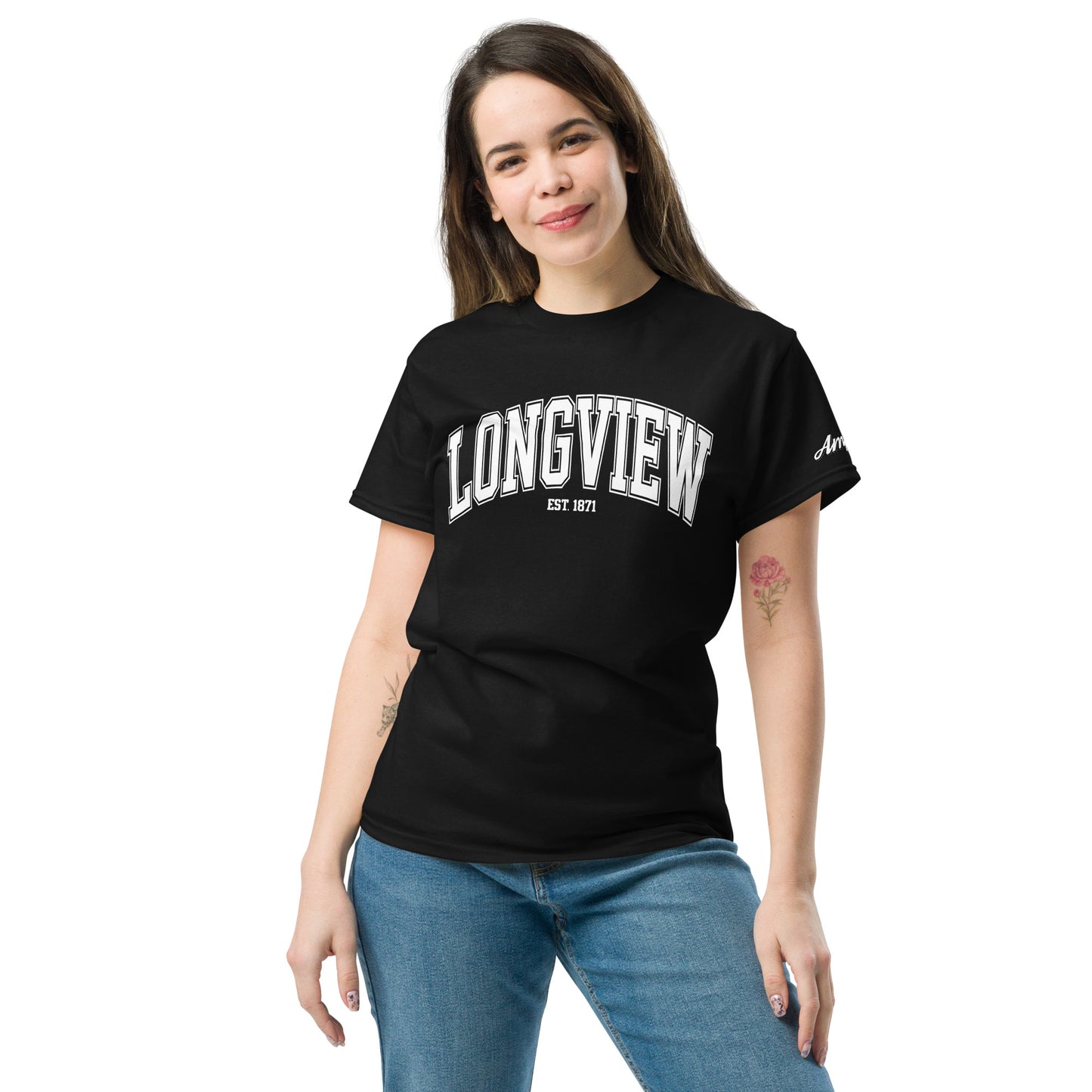 Black Amp'd Up Custom Longview Texas T-Shirt worn by woman with white Longview text and blue jeans