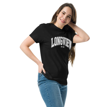 Woman wearing black Longview Texas T-Shirt with white text and blue jeans smiling