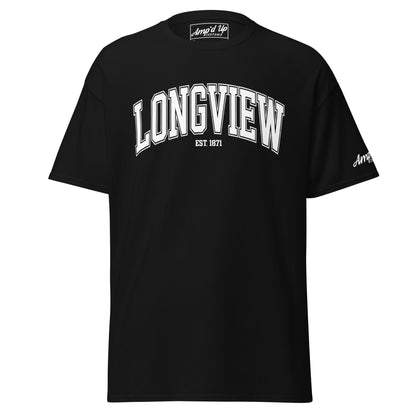 Black Longview Texas T-Shirt by Amp'd Up Custom with white block lettering and established 1871 design