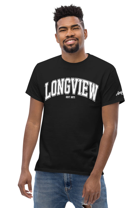 Black Longview Texas T-Shirt by Amp'd Up Custom worn by a smiling man with short curly hair