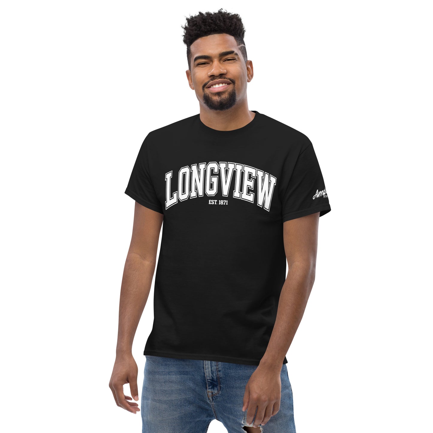 Black Longview Texas T-Shirt by Amp'd Up Custom worn by a smiling man with short curly hair