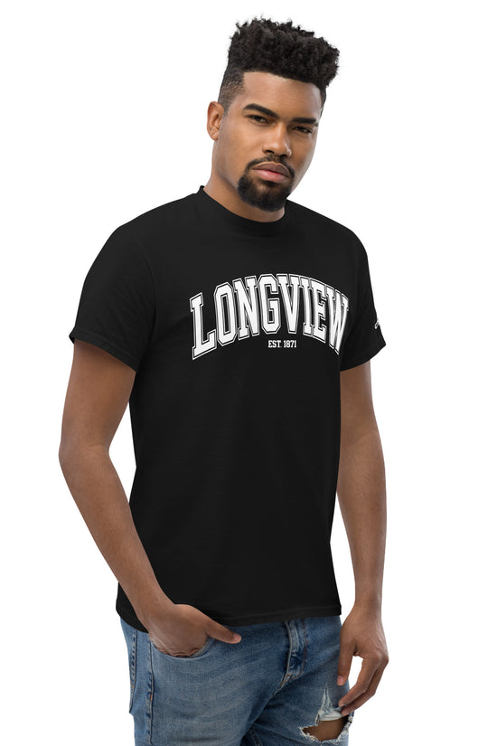 Black Longview Texas T-Shirt with white university style text worn by male model in jeans