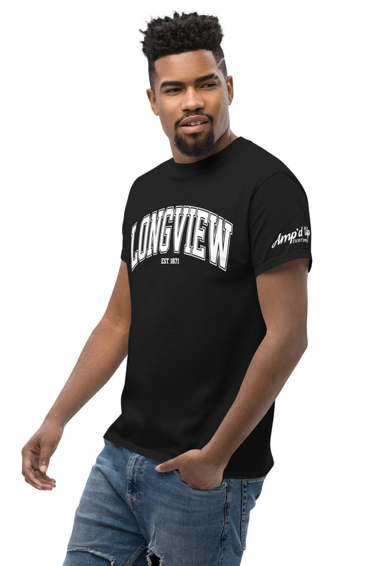 Black Longview Texas T-Shirt by Amp'd Up Custom worn by man with short hair and jeans