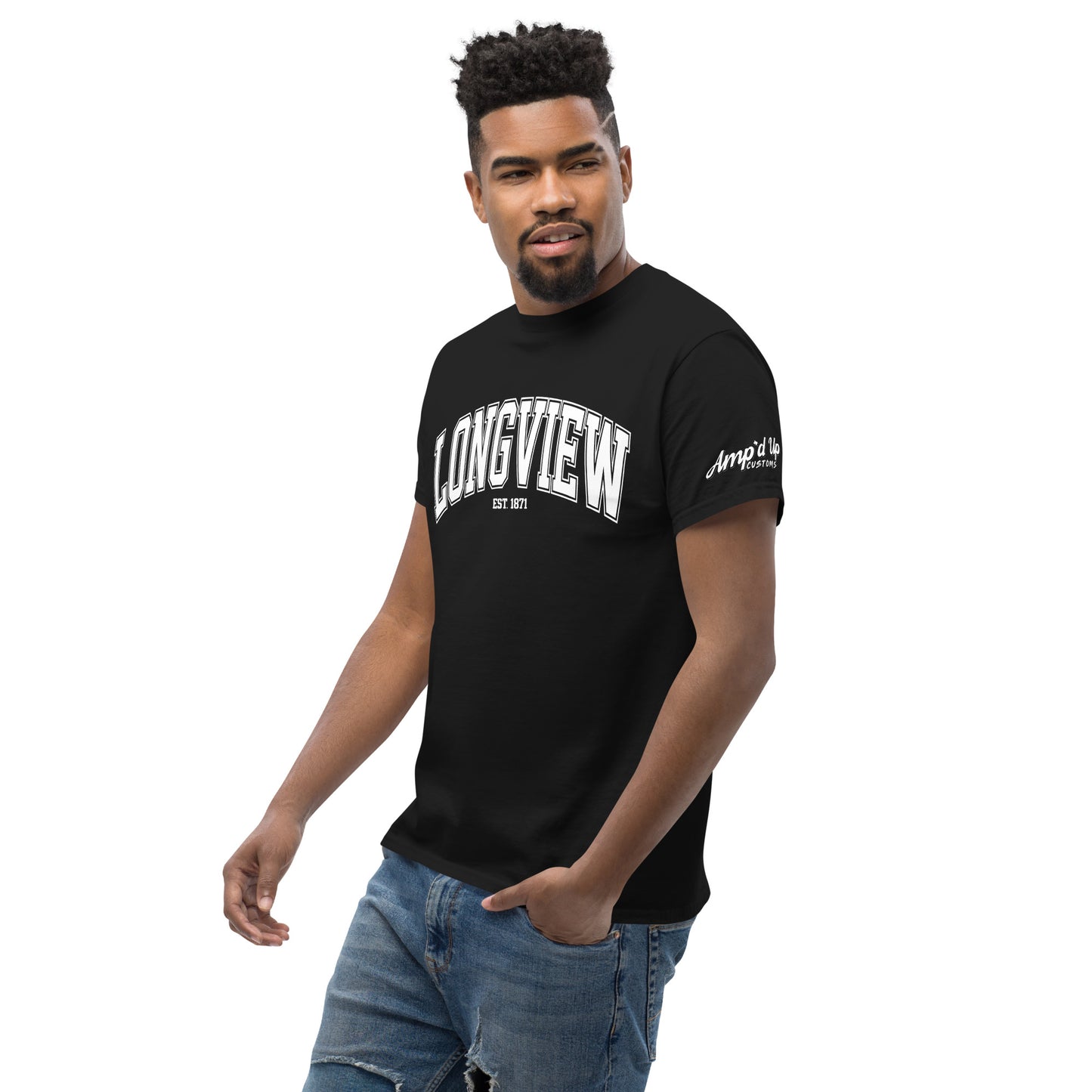 Black Longview Texas T-Shirt by Amp'd Up Custom worn by man with short hair and jeans