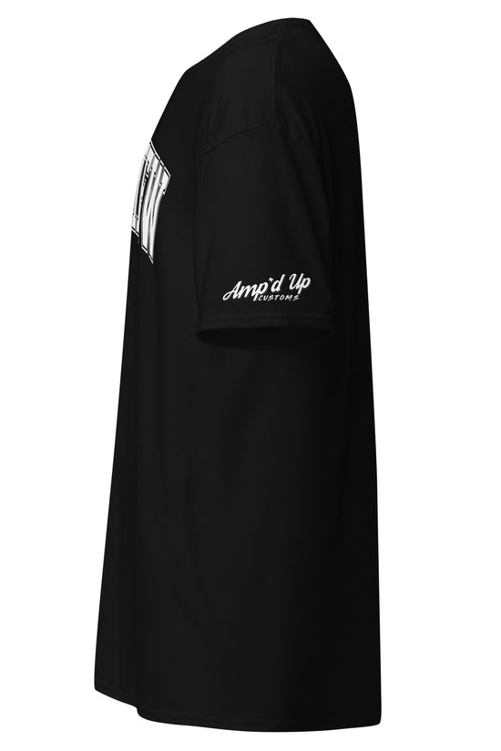 Black Longview Texas T-Shirt by Amp'd Up Custom with logo on sleeve and side view