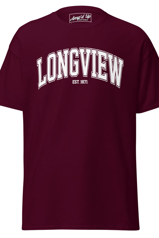 Amp'd Up Custom long sleeve Longview Texas T-Shirt in maroon with white text and logo