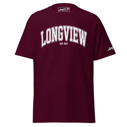 Amp'd Up Custom long sleeve Longview Texas T-Shirt in maroon with white text and logo