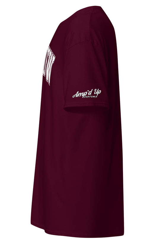 Amp'd Up Custom maroon Longview Texas T-Shirt with white logo on the sleeve side view