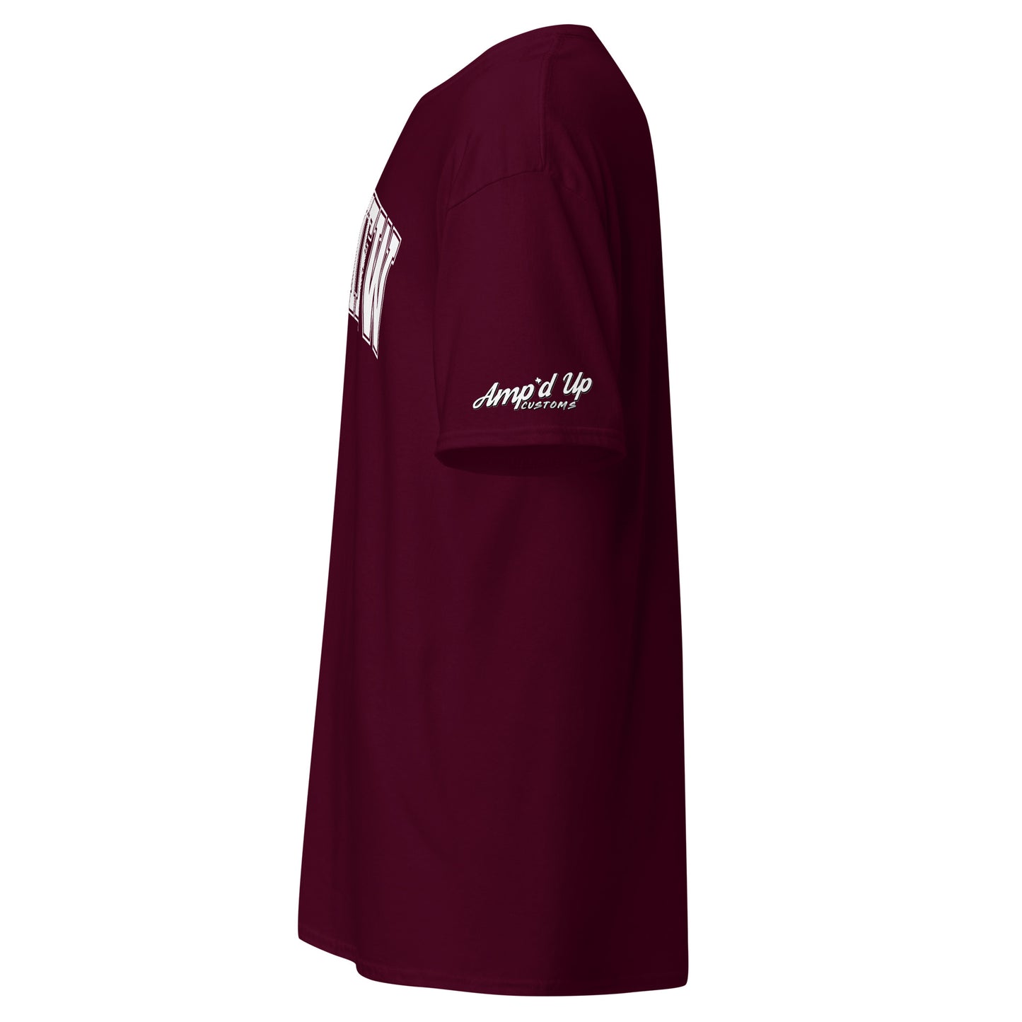 Amp'd Up Custom maroon Longview Texas T-Shirt with white logo on the sleeve side view