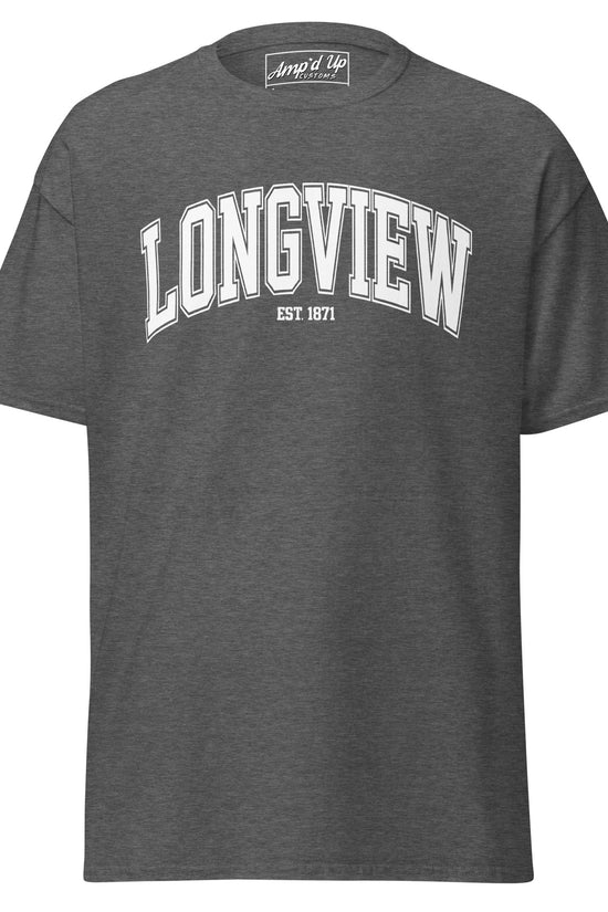 Amp'd Up Custom Longview Texas T-Shirt in dark gray with white text and short sleeves