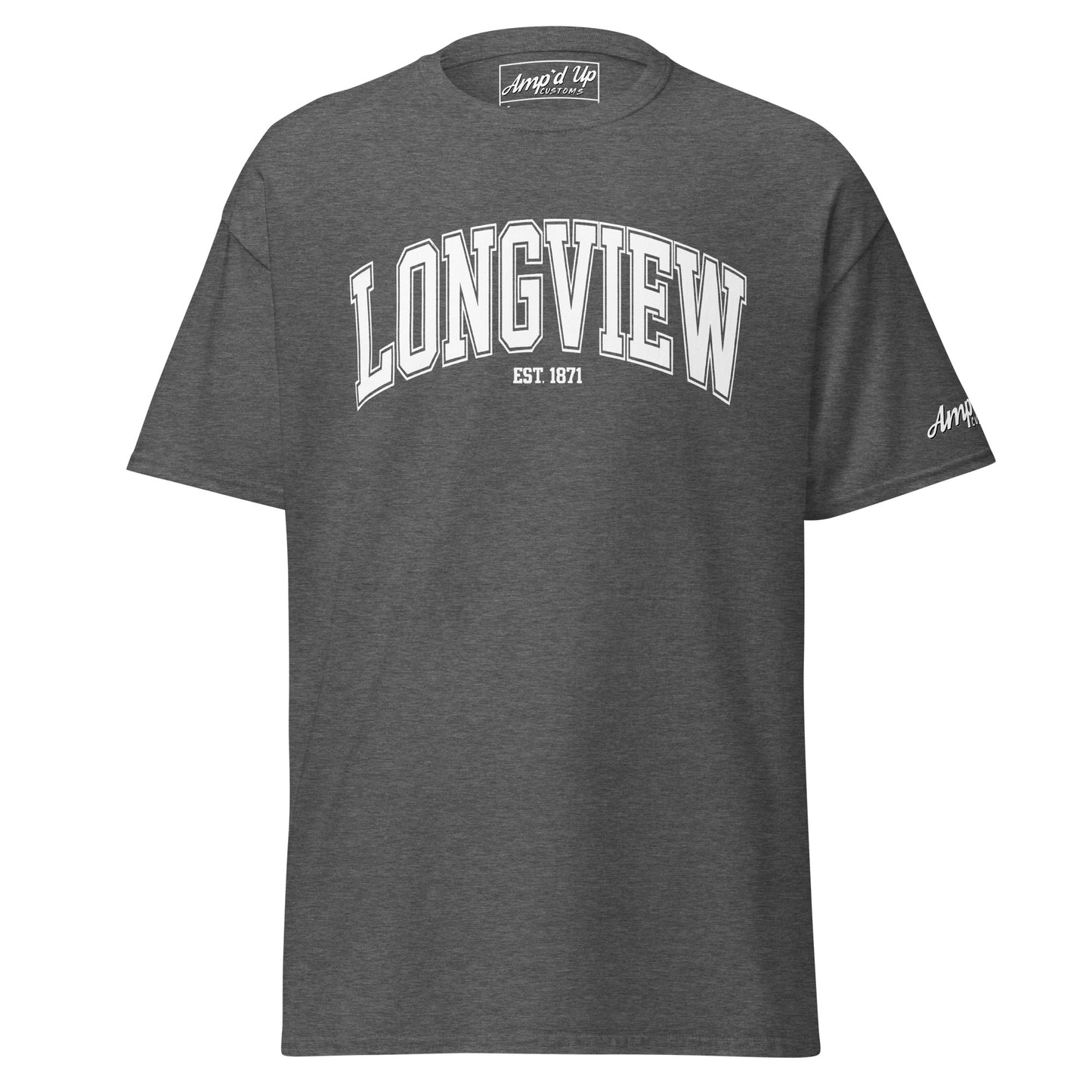 Amp'd Up Custom Longview Texas T-Shirt in dark gray with white text and short sleeves