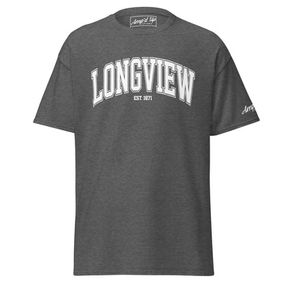 Amp'd Up Custom Longview Texas T-Shirt in dark gray with white text and short sleeves