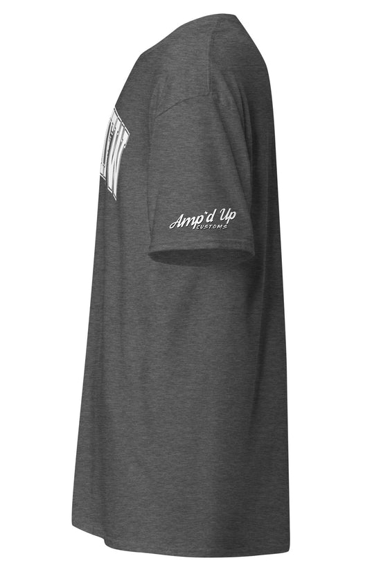 Side view of Amp'd Up Custom dark gray Longview Texas T-Shirt with white sleeve logo