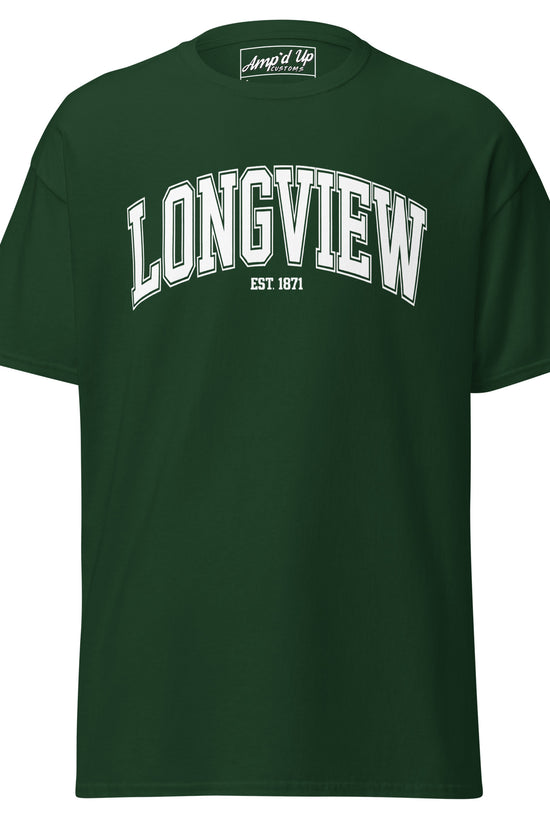 Amp'd Up Custom Longview Texas T-Shirt in dark green with white lettering and short sleeves