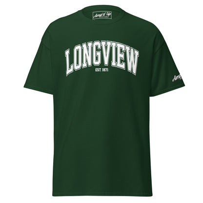 Amp'd Up Custom Longview Texas T-Shirt in dark green with white lettering and short sleeves